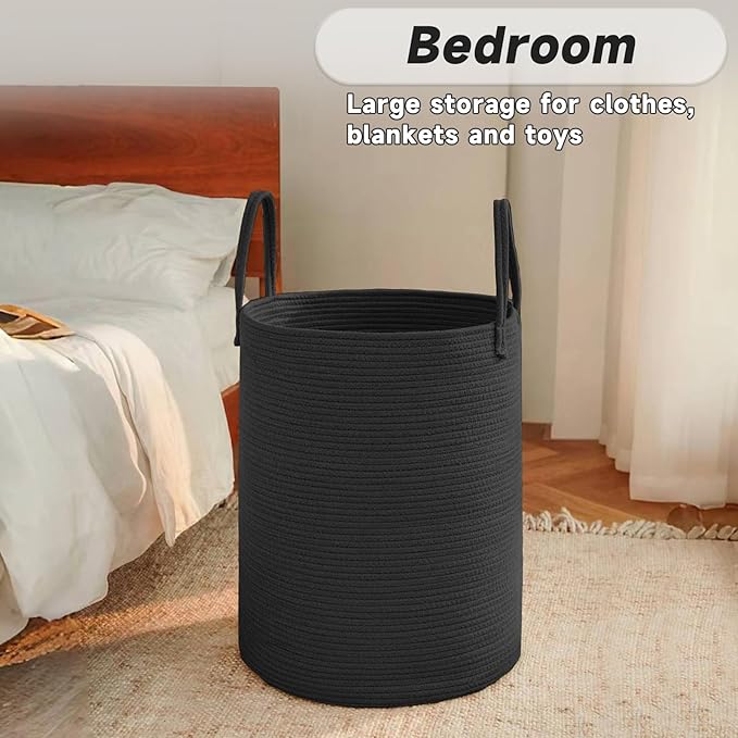 Large Woven Laundry Basket Hamper,100L Cotton Rope Storage Bin for Blankets,Toys and Clothes,Decorative Tall Nursery Hamper for Living Room,Baby Nursery,Bathroom and Bedroom,Black