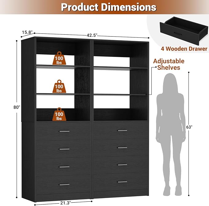 Aheaplus Closet Drawers Organizer System, 3.54FT Wood Closet System with 4 Drawers, Modular Walk-in Closets Storage Unit, Tall Bookshelf Storage Cabinet, Black (2 Packs)