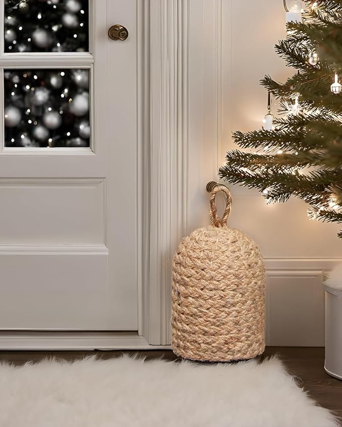 Natural Wicker Door Stopper with Handle, Decorative Door Stop, Heavy Indoor Doorstop, Rustic Farmhouse Blocker Jammer 5.1''D x 7.5''H (Jute)