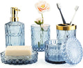 Bathroom Accessory Set 5 Pcs, Glass Bathroom Set Include Soap Dish, Toothbrush Holder, Mousewash Cup, Soap Dispenser, Cotton Swab Jar, Blue