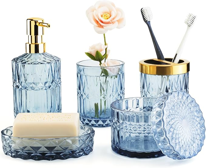 Bathroom Accessory Set 5 Pcs, Glass Bathroom Set Include Soap Dish, Toothbrush Holder, Mousewash Cup, Soap Dispenser, Cotton Swab Jar, Blue