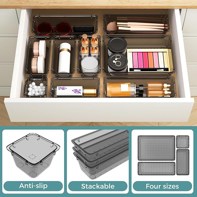 WOWBOX 44 PCS Clear Plastic Drawer Organizer Set, 4 Varied Size storage Bins and Desk Drawer Organizer Trays for Makeup, Gadgets, Jewelry and Utensils in Bathroom, Bedroom and Office, Clear Black