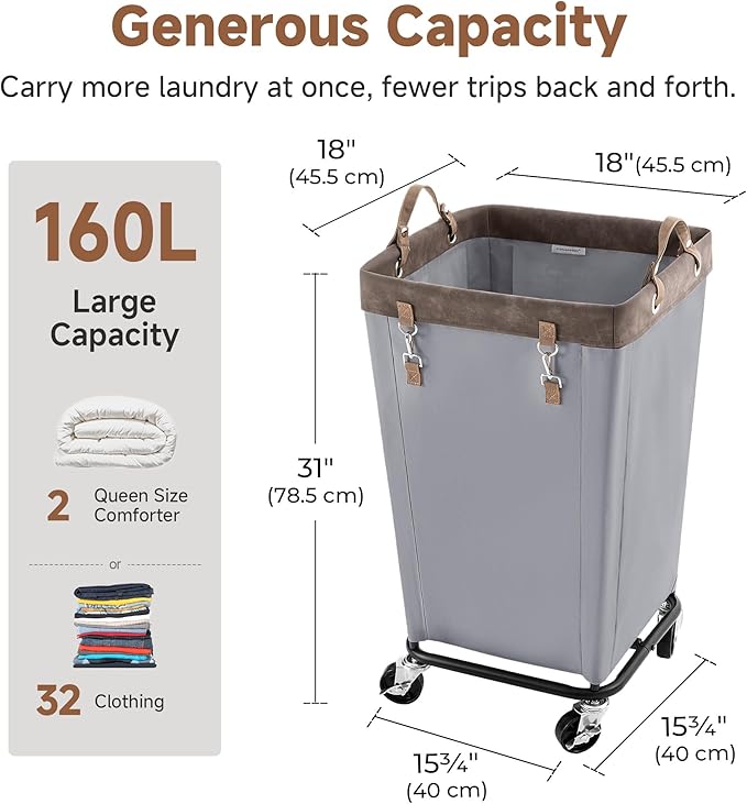 StorageWorks 160L Laundry Basket with Wheels, Large Rolling Hampers for Clothing Organizer, Dirty Clothes Basket for Hotel, Home, Closet, Dorm, Light Grey