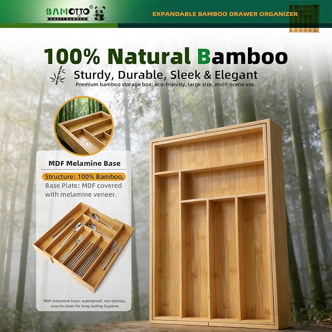 Expandable Bamboo Kitchen Drawer Organizer – Silverware Organizer, Utensil Holder & Cutlery Tray Drawer Dividers for Flatware (20"x16.9" Large Size, 8 Slot, Natural)