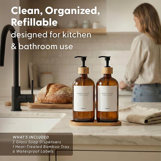 MaisoNovo Glass Dish Soap Dispenser for Kitchen Set of 2-16.9oz Amber Dish and Hand Soap Dispenser Set for Kitchen - Amber Glass Bottles x 2 with Black Bamboo Pumps & Tray