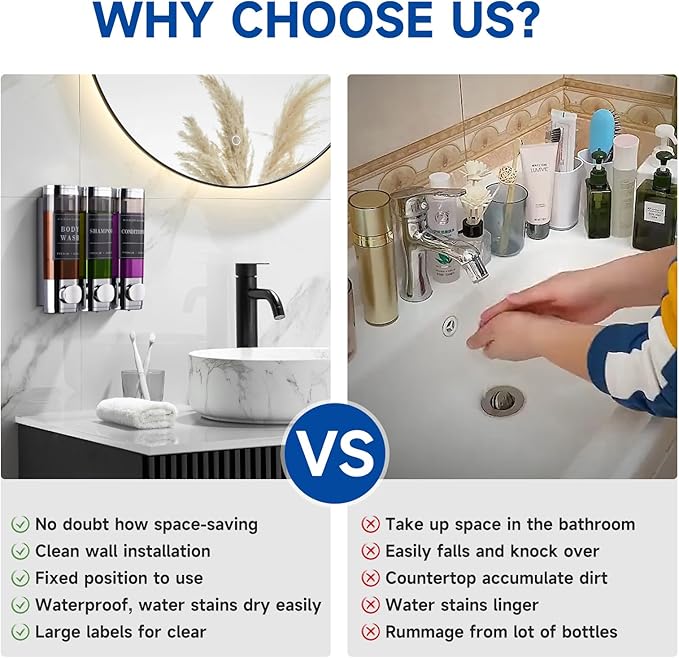 Shower Soap Dispenser Wall Mounted No Drill Shampoo Dispenser for Shower Wall Shampoo and Conditioner Dispenser Bathroom Hote 3 * 300ml Chrome Self