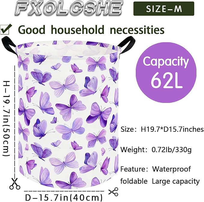 Butterfly hamper,Purple Laundry Basket,Baby Nursery Hamper,Waterproof foldable girls toy storage box,Dirty Clothes Hampers,Flower house decor(Purple Butterflies)