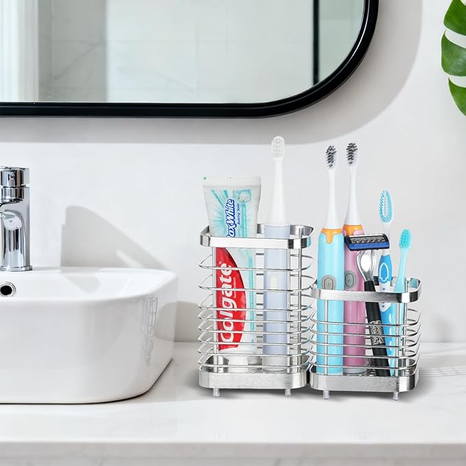 MYITYARD Toothbrush Holder for Bathroom, Stainless Steel Ventilated Electric Toothbrush & Toothpaste Holder, Modern Metal Bathroom Toothbrush Organizer, Bathroom Accessories, 2 compartments