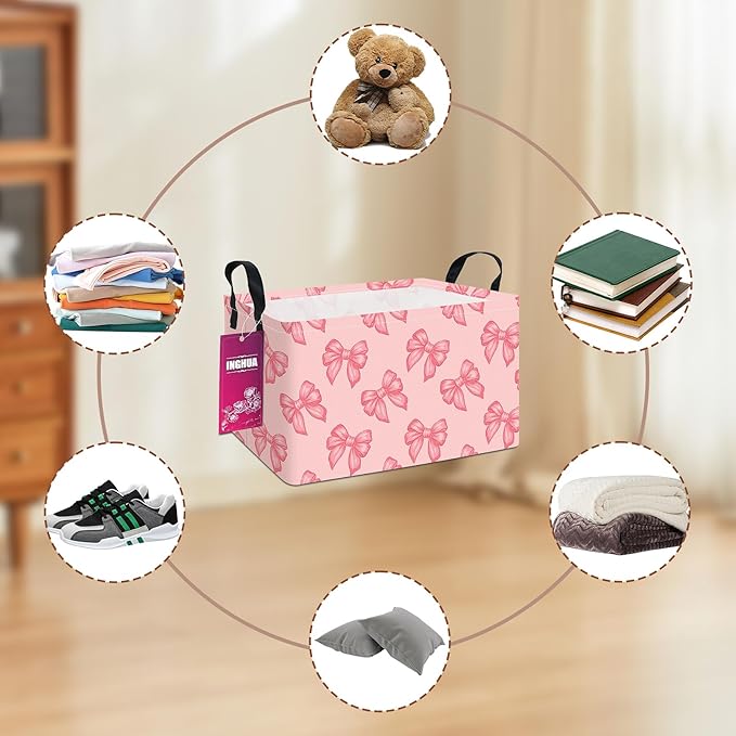Rectangular Storage Basket Fabric Organizer Bin for Toys,Books,Clothes,Gifts,Pets-Perfect for Home,Office,Nursery,Dorm,Shelf(Rec-Pink bowknots )