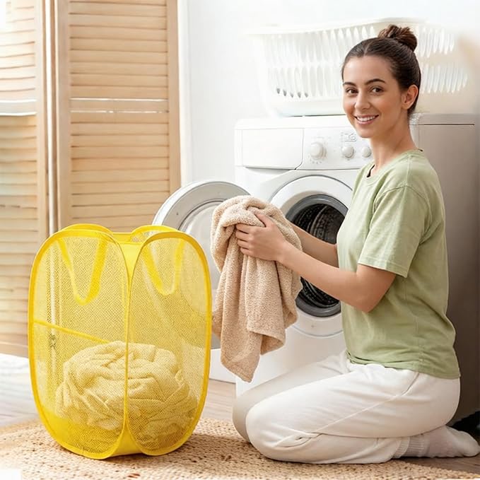 The upgraded pop-up laundry basket features a breathable side pocket mesh design, making it ideal for rooms, apartments, dormitories, travel, business trips, and children's storage (1,yellow)