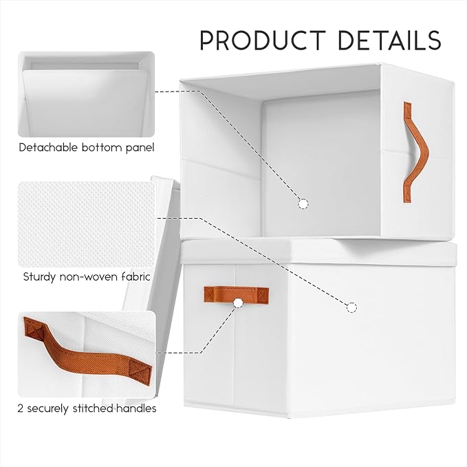 Storage Bins with Lids - Large Fabric Closet Bins with Lid, 5 Pack Clothes Organizers and Storage, Collapsible Stackable Cube Basket for Home, Office, Dorm, White