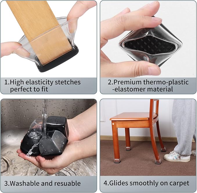 Ezprotekt 24 Pcs Chair Sliders for Carpet, Square Chair Glides for Carpet, Carpet Teflon Furniture Sliders Pads, Chair Leg Protectors Caps for Carpet - for Dining Table Chair, Black XL(Fit: 1.5"-2")