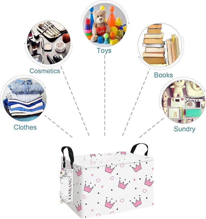 FANKANG Storage Bins, Nursery Hamper Canvas Laundry Basket Foldable with Waterproof PE Coating Large Storage Baskets for Kids Boys and Girls, Office, Bedroom, Clothes,Toys(Rec-pink crowns)