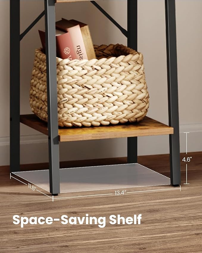 Ladder Shelf, Bookshelf Bookcase, Freestanding Corner Storage Shelve with 2 Hooks for Home Office, Living Room, Kitchen, Bedroom, Industrial, 11.8" D x 13.4" W x 63" H, Rustic Brown BC03201B