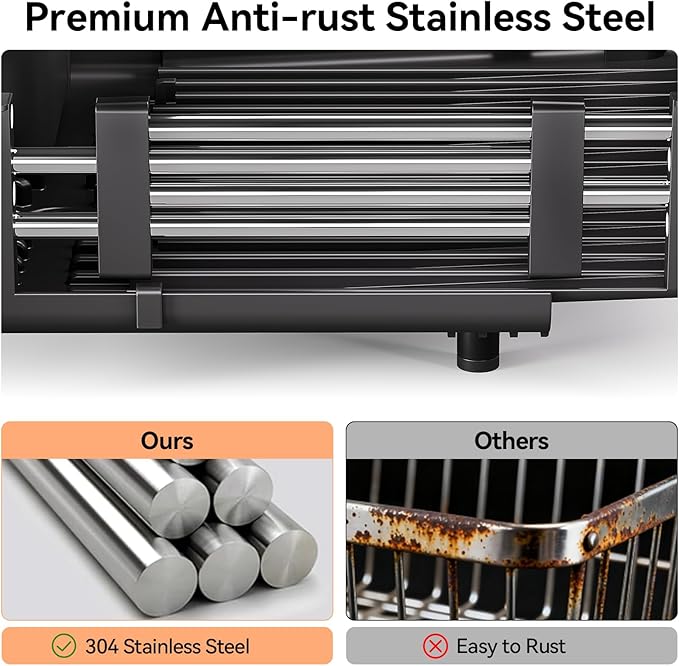 Stainless Steel Dish Drying Rack - Dish Drainer for Kitchen Counter, Extendable Drainboard with Foldable, Space-Saving Cup & Bowl Organizer, Includes Knife and Utensil Holder, Black