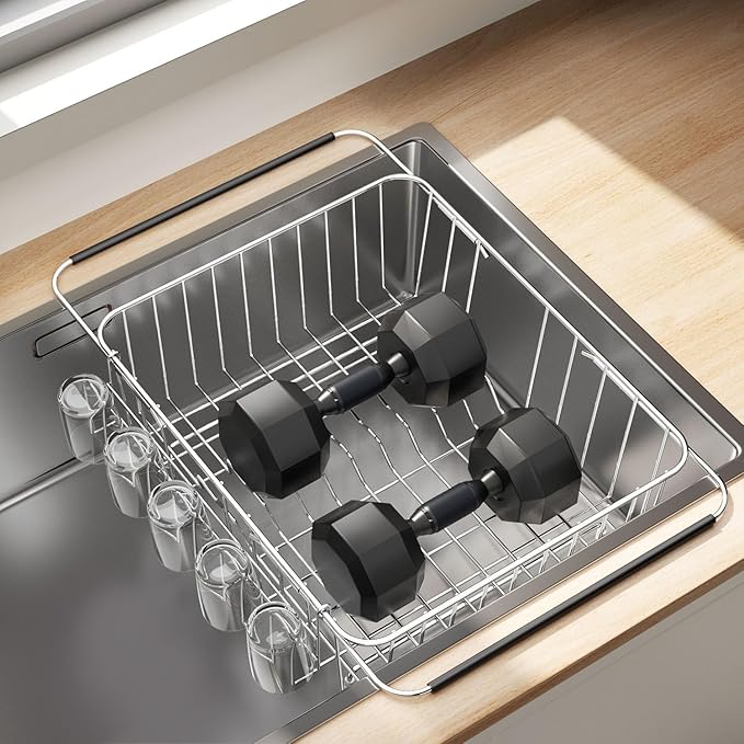 Dish Drying Rack in Sink, Extendable Stainless Steel Dish Drainers for Kitchen Counter, Anti-Rust Dish Dryer Rack with Utensil & Cup Holders, for Inside Sink, Over The Sink