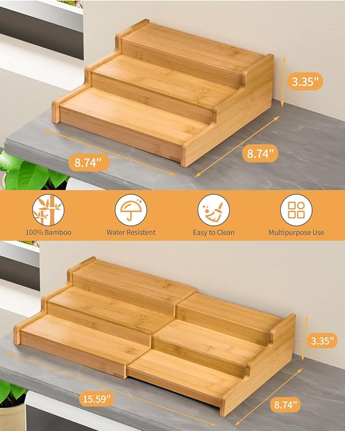 Spice Rack, 3-Tier Expandable Bamboo Spice Rack Organizer for Cabinet - Kitchen, Pantry and Cupboard Storage Organizer