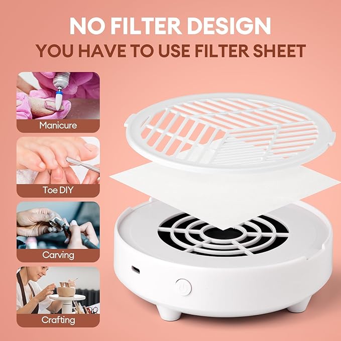 Small Portable Nail Dust Collector : Nail Tech Quiet Mini Vacuum - Nail Fan Dust Collector Vent with Filter Paper Sheets for Nail Art - Professional Nail Tool Supplies