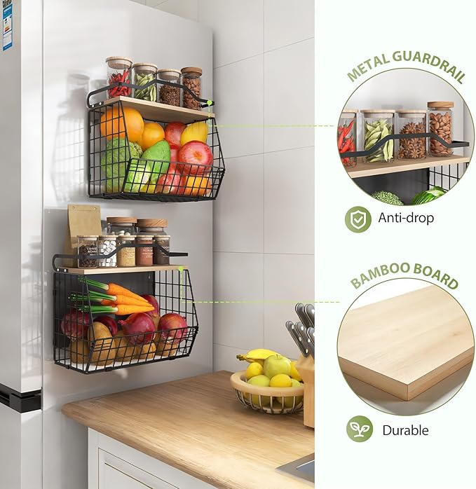 Magnetic Shelf for Fridge with Wood Lid, 2 Tier Fruit Baskets Wall Mounted Hanging Basket with 4 Hanger Hooks, Potato and Onion Magnetic Storage Bins for Kitchen Counter, Refrigerator, Cabinet