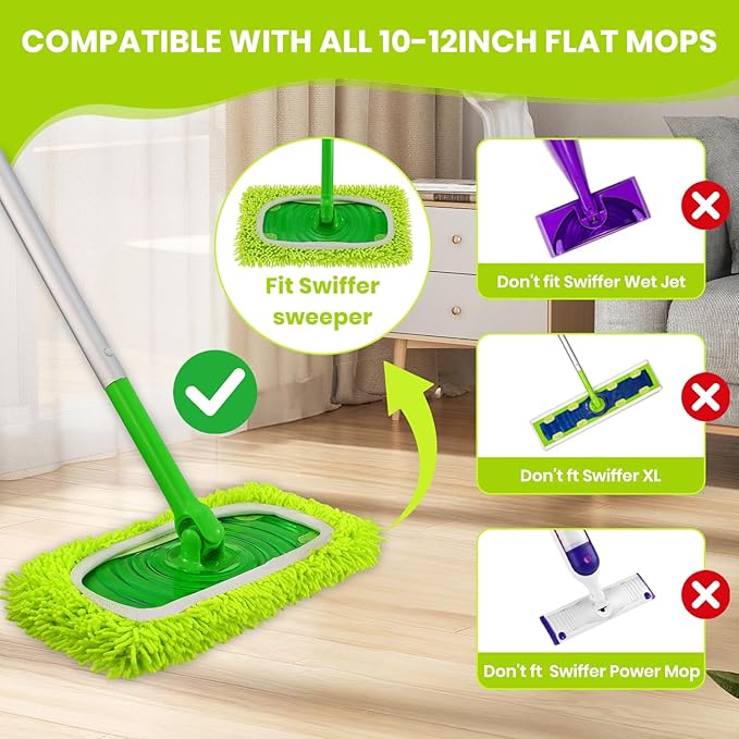 8 Pack Chenille Mop Pads, Reusable Microfiber Mop Refills for 10''–12'' Flat Mops, Washable Wet & Dry Floor Pads for Hardwood, Tile, Compatible with Swiffer Sweeper