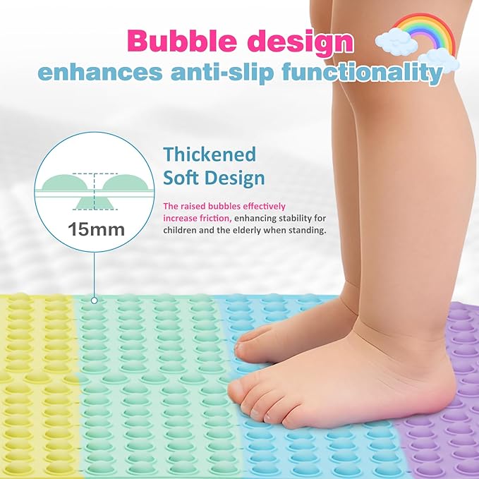 Joiyota Push Pop Bubble Bath Mat for Kids,Rainbow Large Non-Slip Silicone Tub Mat with Strong Suction Cups for Toddler,33x17.3 Inch Waterproof Shower Mat for Bathtub, Sensory Bath Pad with Drain Holes