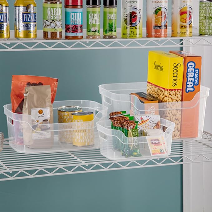 Sterilite 7 x 11 x 14.25 Inch Polished Open Scoop Front Storage Bin with Comfortable Carry Through Handles for Household Organization, Clear (12 Pack)