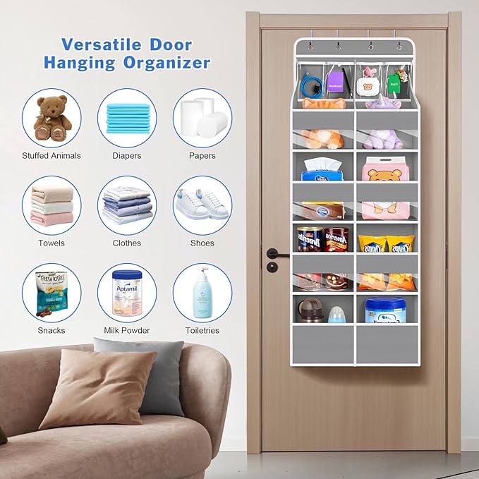 Univivi 5-Shelf Fabric Door Organizer Over Door Hanging Organizer with 8 Deep Pockets and 4 Small PVC Pockets Hanging Storage Organizers for Baby Nursery(Grey)