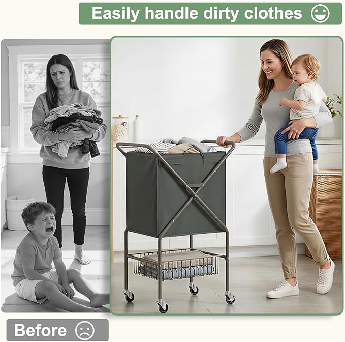 Laundry Basket with Wheels:88L Rolling Laundry Cart Foldable Metal Frame Dirty Clothes Laundry Hamper 36"H 4 Caster 2 Brake Waterproof Removable Liner Carry Handle for Dorm Laundry Room,Gray