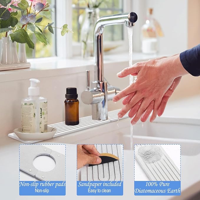 Stone Faucet Mat for Kitchen Sink- 15.6''x 3.9''Diatomite Fast-Drying Faucet Mat, Super Water Absorbing Stone Tray for Sink,Faucet Splash Guard for Bathroom Counter (White)