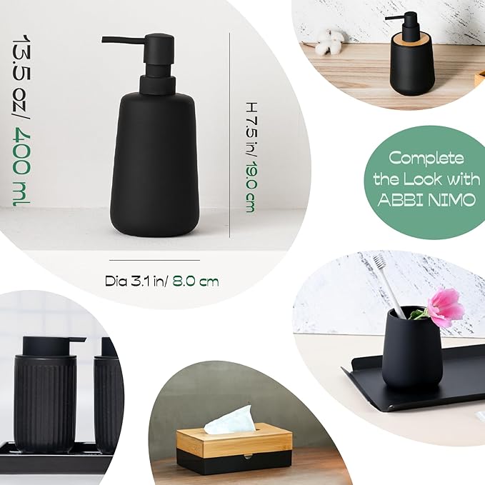 Matte Black Ceramic Soap Dispenser, 13 oz Refillable Bathroom or Kitchen Countertop Dispenser with Soft Touch Rubber Coating