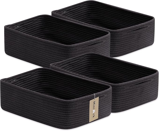 Large Shallow Organizing Baskets 15x11x5.1 Inches - Rope Woven Storage Bins for Bathroom, Shelves, Cube Closet, Black 4 Packs
