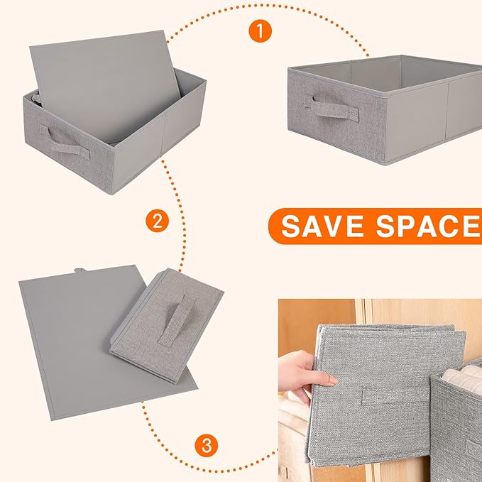 JAKAGO Fabric Storage Bins set of 4 Rectangle Storage Baskets with Handle Foldable Closet Organizer for Clothes Towel bedding Books Collapsible Clothing Container for Shelves Bedroom(Gray Low)