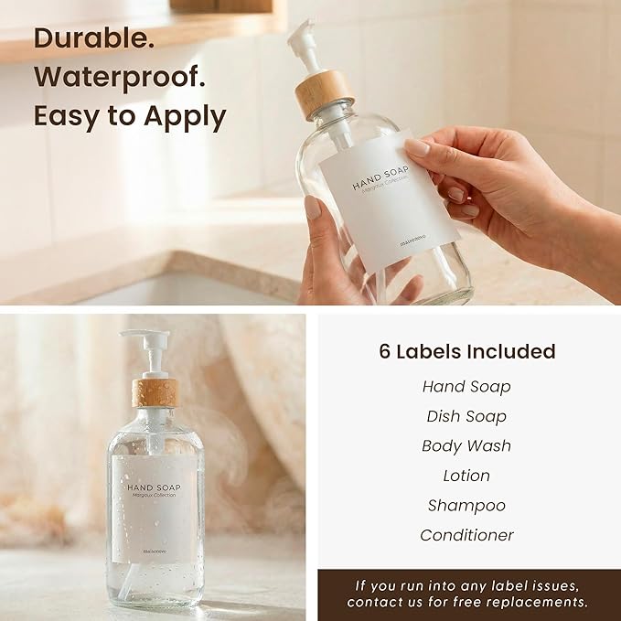 MaisoNovo Glass Dish Soap Dispenser for Kitchen Set of 2-16.9oz Clear Dish and Hand Soap Dispenser Set for Kitchen - Clear Glass Bottles x 2 with White Bamboo Pumps & Tray