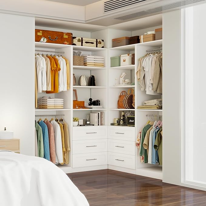 Closet Organizer System Of 4 Sets with 6 Drawers, 8 Shelves, 8 Hanging Rods, 8FT Closet System, Walk In Closet Wood, Modular Closet System Storage White (8FT)