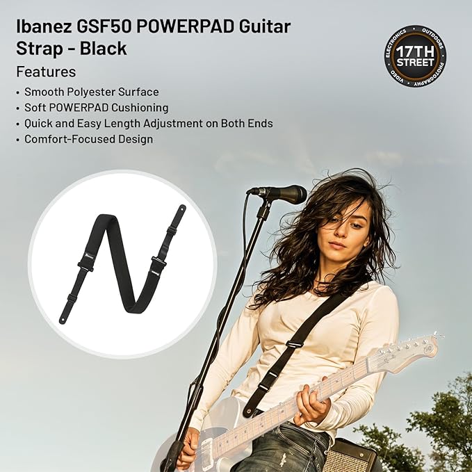 Ibanez GSR200B 4-String Bass Guitar (Weathered Black) - Right Handed Nyatoh Body Bass with GSF50 Powerpad Strap, 15 Pack Guitar Picks with Storage Box & Microfiber Cleaning Cloth (Bundle Set)