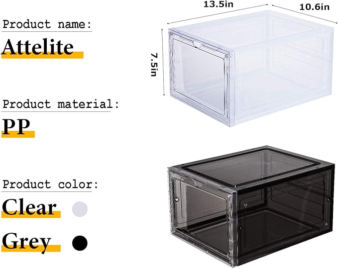 Attelite Shoe Box Organizer,Set of 6,Stackable Plastic Shoe Box with Clear Door, Shoe Storage Box Containers,For Display Sneakers,Easy Assembly,Fit up to US Size 12(13.4”x 10.6”x 7.4”)