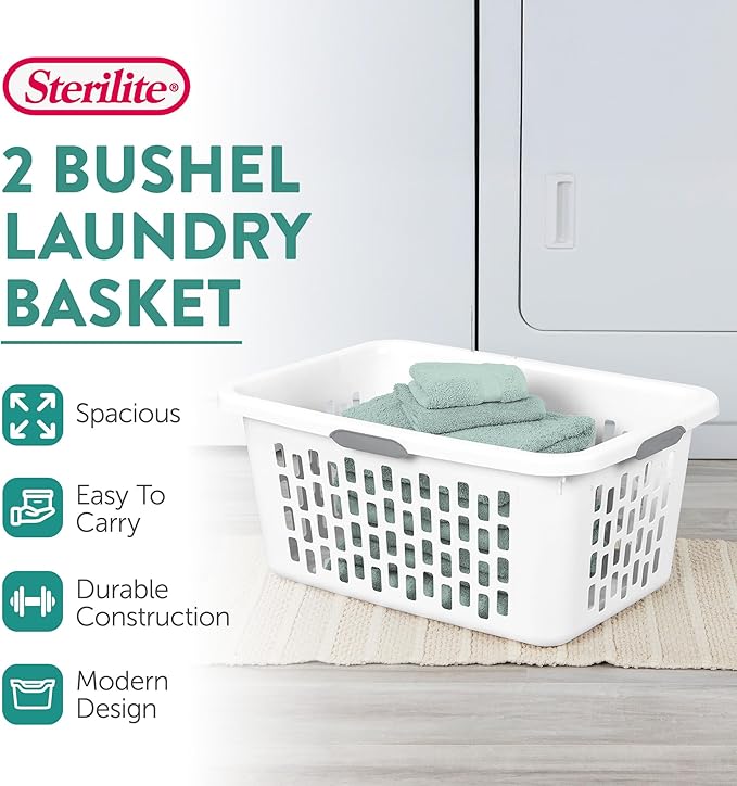 Sterilite Laundry Basket, Plastic Clothes Hamper, Large Rectangle Bin with Comfort Grip Handles and Reinforced Rim, 2 Bushel Capacity, White, 6 Pack