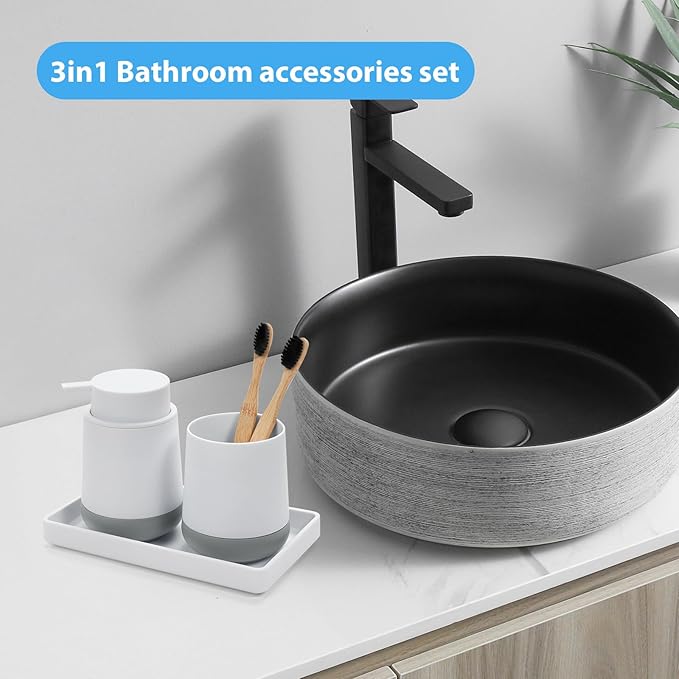 White Bathroom Countertop Accessories Set - Soap Dispenser and Toothbrush Holder with Silicone Boot,Vanity Tray (White Liquid)