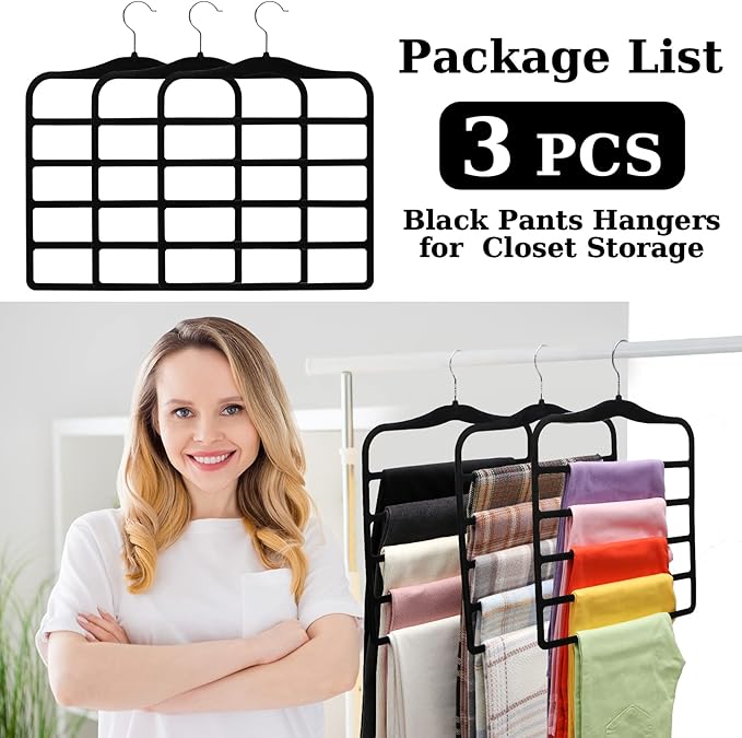 Closet Organizers and Storage,3 Pack Velvet Pants-Hangers-Space-Saving,Non Silp 5 Tier Scarf Jeans Organizer,Dorm Room Essentials for College Students Girls Boys Guys,Organization and Storage