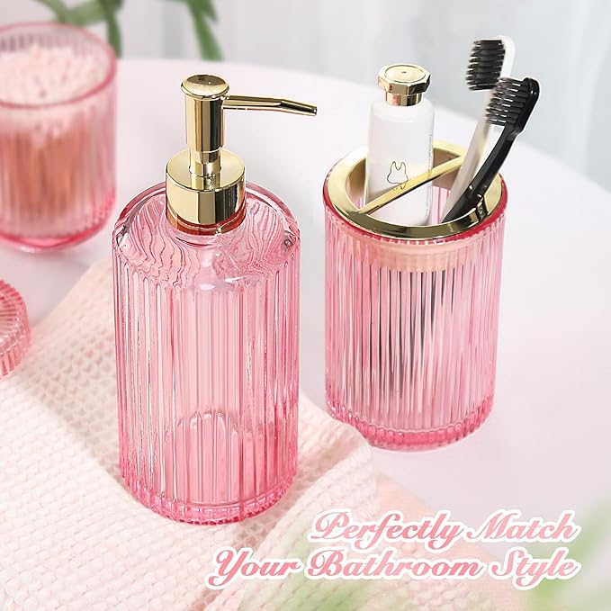 Pink Bathroom Accessories Set, Pink Bathroom Decor Accessory Sets Complete, 4 Pack Ribbed Grils Soap Dispenser and Toothbrush Holder Set with 2 Qtip Holders, Girly Bath Counter Essentials