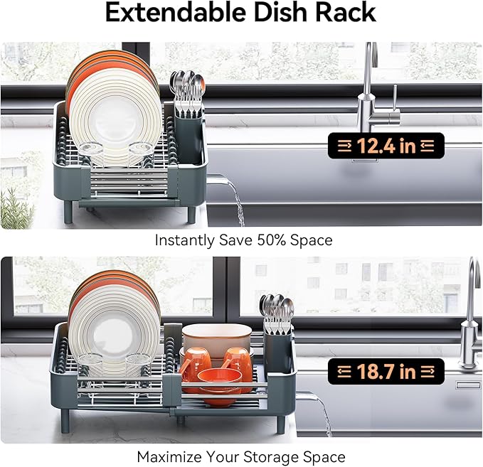 Stainless Steel Dish Drying Rack - Dish Drainer for Kitchen Counter, Extendable Drainboard with Foldable, Space-Saving Cup & Bowl Organizer, Includes Knife and Utensil Holder, Matte-Green