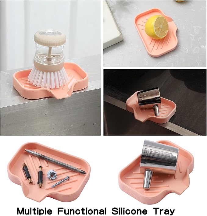 MicoYang Silicone Bathroom Soap Dishes with Drain Spout-Bathroom and Kitchen Sink Organizer,Sponge Holder,Dish Soap Tray,Perfect for Dispenser,Scrubber,Bottle,Cup on Sink or Counter-Pink 4.9"×3.2"