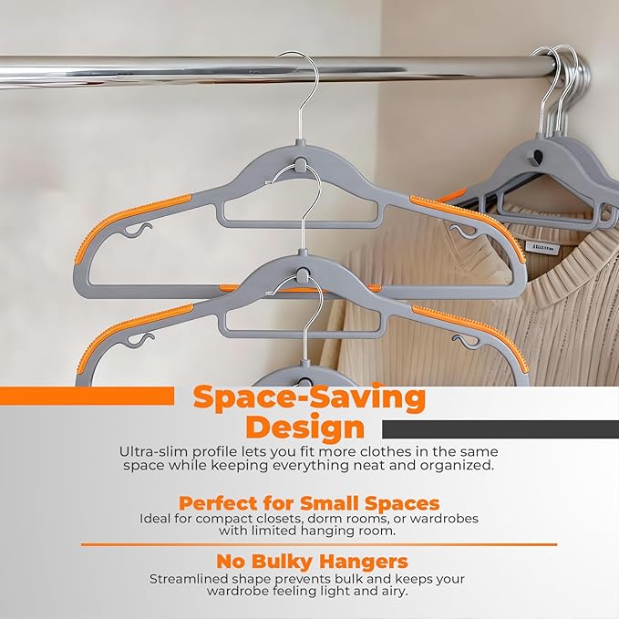 Plastic Hangers 50 Pack, Cascading Slim Space Saving Clothing Hangers with 360° Rotating Hook, Non Slip Clothes Hangers for Sweater Shirt, Heavy Duty Coat Hanger with Inner Hook for Closet, Grey