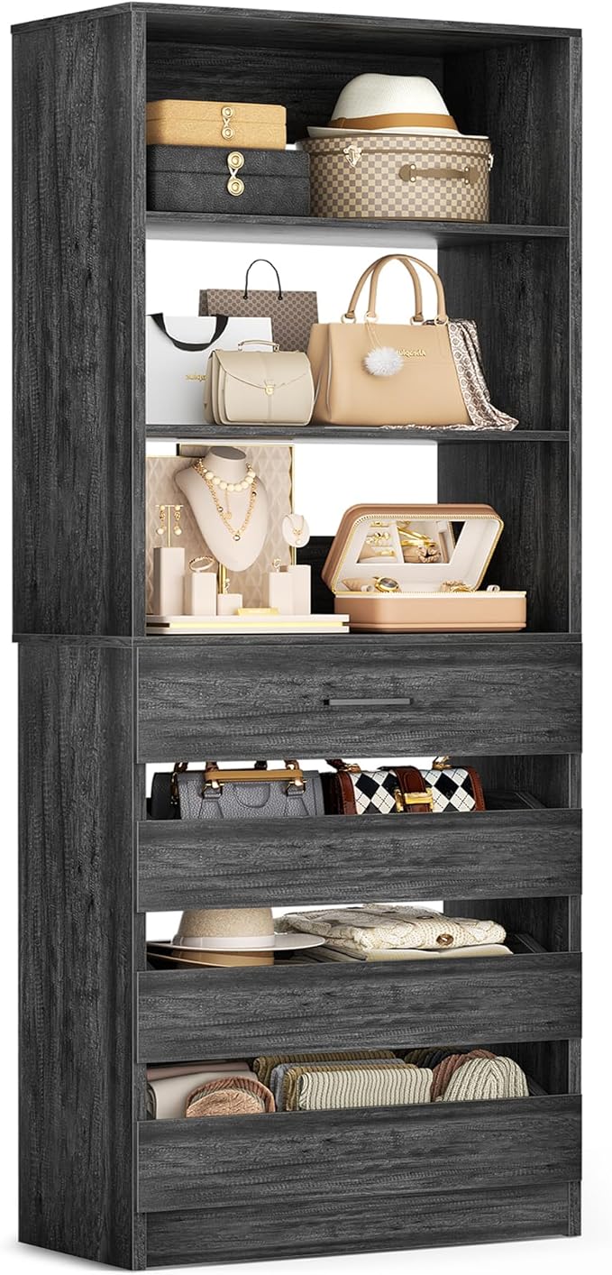 Aheaplus 21.3" Closet System with 4 Drawers, Wood Closet Organizer with Open Shelves, Modular Drawers System Tower, Walk-in Small Wardrobe Rack, Tall Storage Cabinet Unit, Black Oak