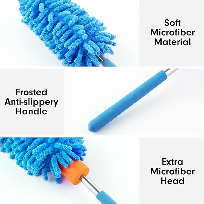 Microfiber Duster for Cleaning, Tukuos Hand Washable Dusters with 2pcs Replaceable Microfiber Head, Extendable Pole, Detachable Cleaning Brush Tool for Office, Car, Window, Furniture, Ceiling Fan