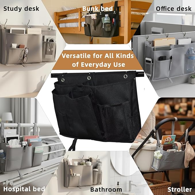 gedamari Bedside Organizer, Durable Bunk Bed Caddy, Multi-Pocket Hanging Storage Bag for College Dorm, Home, Hospital and Baby Stroller, Easy Installation, Metal Rivets Added, Oxford Fabric (Black)