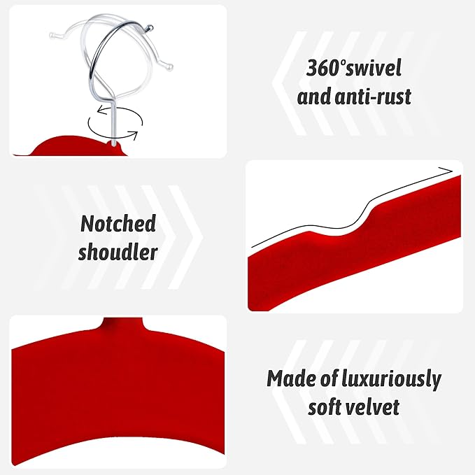 Sishynio Velvet Hangers 50 Pack – Slim Non-Slip Flocked Hangers with 360° Swivel Hook, Space-Saving Closet Organizer for Dresses, Blouses, Coats(Red)