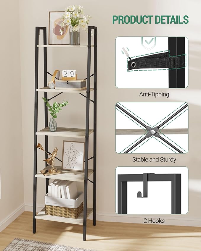 Ladder Shelf, Bookshelf Bookcase, Freestanding Corner Storage Shelve with 2 Hooks for Home Office, Living Room, Kitchen, Bedroom, Industrial, 11.8" D x 17.3" W x 63" H, Greige BC19205B