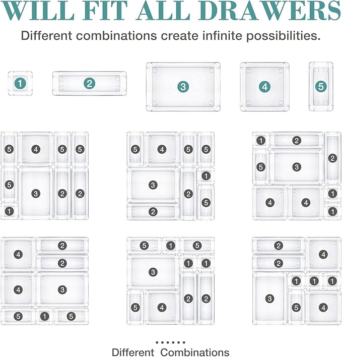 25 PCS Drawer Organizer Set, 4 Varied Size Bathroom and kitchen Drawer cabinet organizer Trays, Clear Storage Bins for Makeup, Jewelry, Utensils and Gadgets