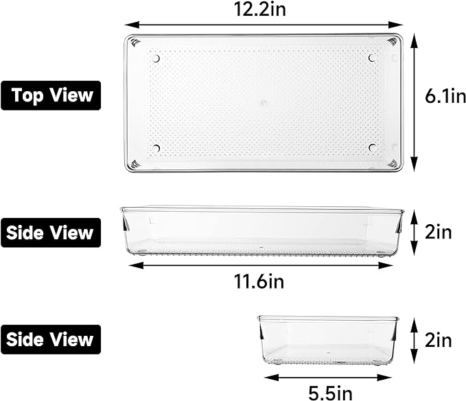 ihomecooker 3 Pack Large Clear Plastic Drawer Organizer Tray Cutlery Utensil Makeups Drawer Organizers 12" X 6"
